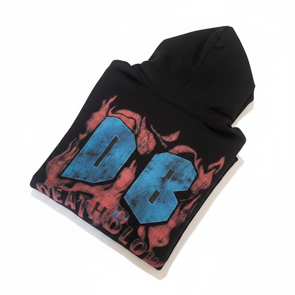 Verified Vault black heavyweight cotton hoodie with blue DB graphic and red flame print. Features adjustable hood and kangaroo pocket.
