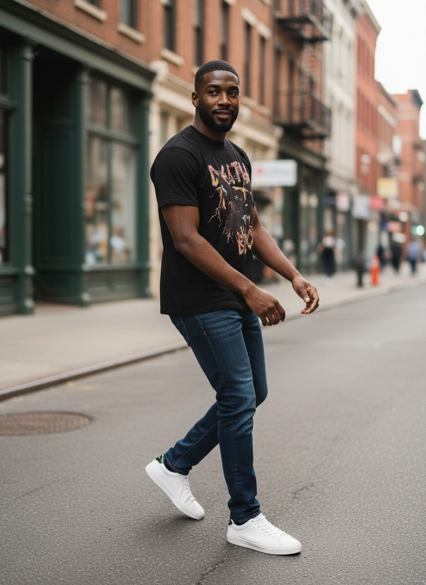 Verified Vault black cotton t-shirt with a fierce lightning panther graphic and distressed "DEATH BLOW" text.