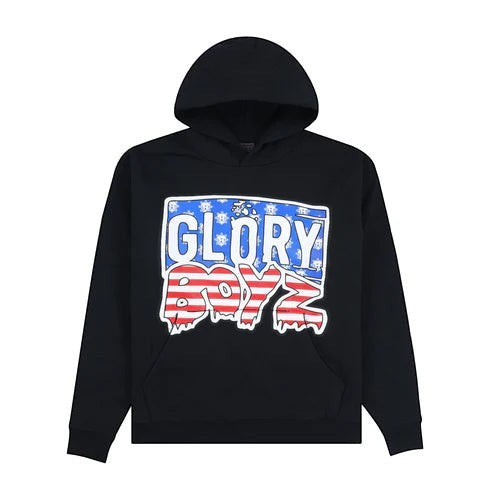 Verified Vault black 100% cotton hoodie with Glory Boyz USA flag graphic on front.