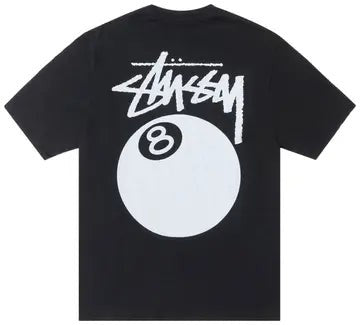 Verified Vault Stüssy 8 Ball Pigment Dyed black cotton t-shirt with large 8-ball graphic on back.