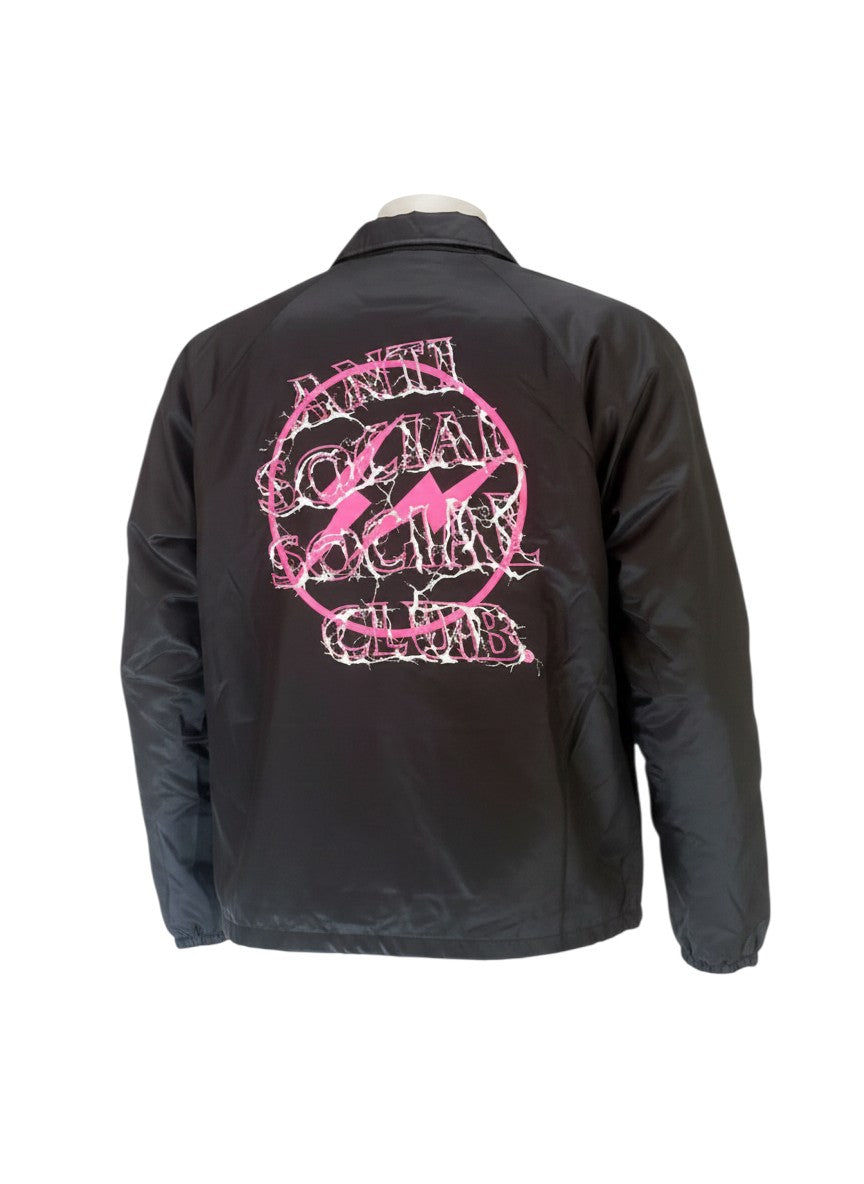 Verified Vault black coach jacket with pink lightning bolt graphic and Anti Social Social Club logo on back.