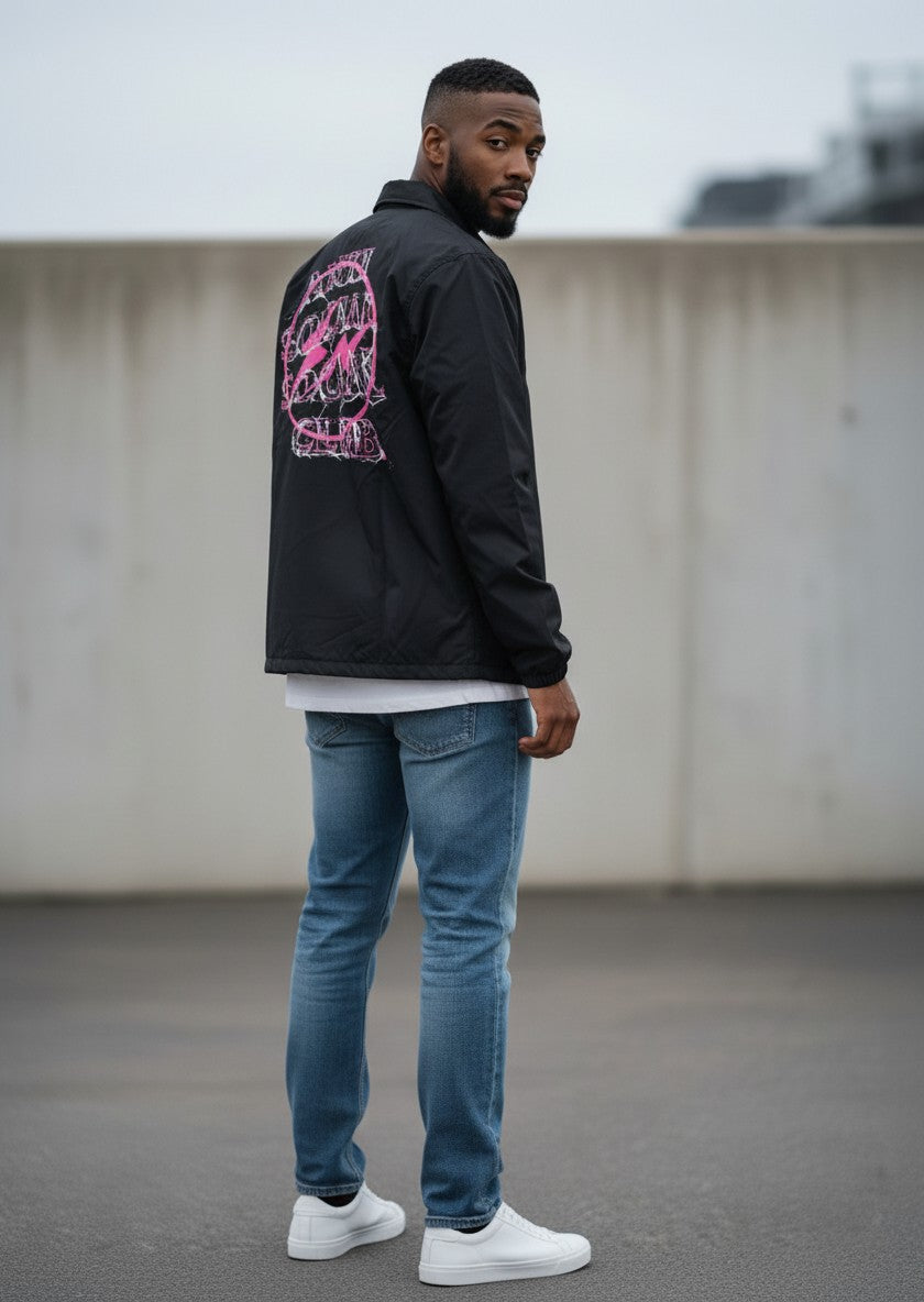Verified Vault black coach jacket with pink Anti Social Social Club x Fragment lightning bolt graphic on back.