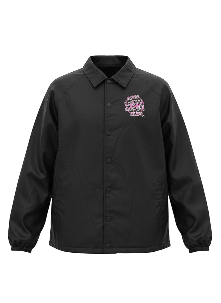 Verified Vault black coach jacket with pink Anti Social Social Club x Fragment lightning bolt logo on chest.
