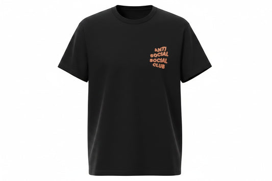 Verified Vault black cotton t-shirt with orange Anti Social Social Club logo on the chest and back.
