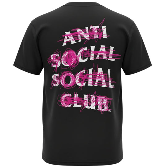 Verified Vault black cotton t-shirt with white Anti Social Social Club logo scribbled over in hot pink.