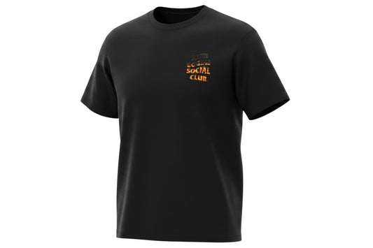 Verified Vault Black 100% cotton t-shirt with flaming "Anti Social Social Club" graphic print on back. Crew neck, short sleeves.