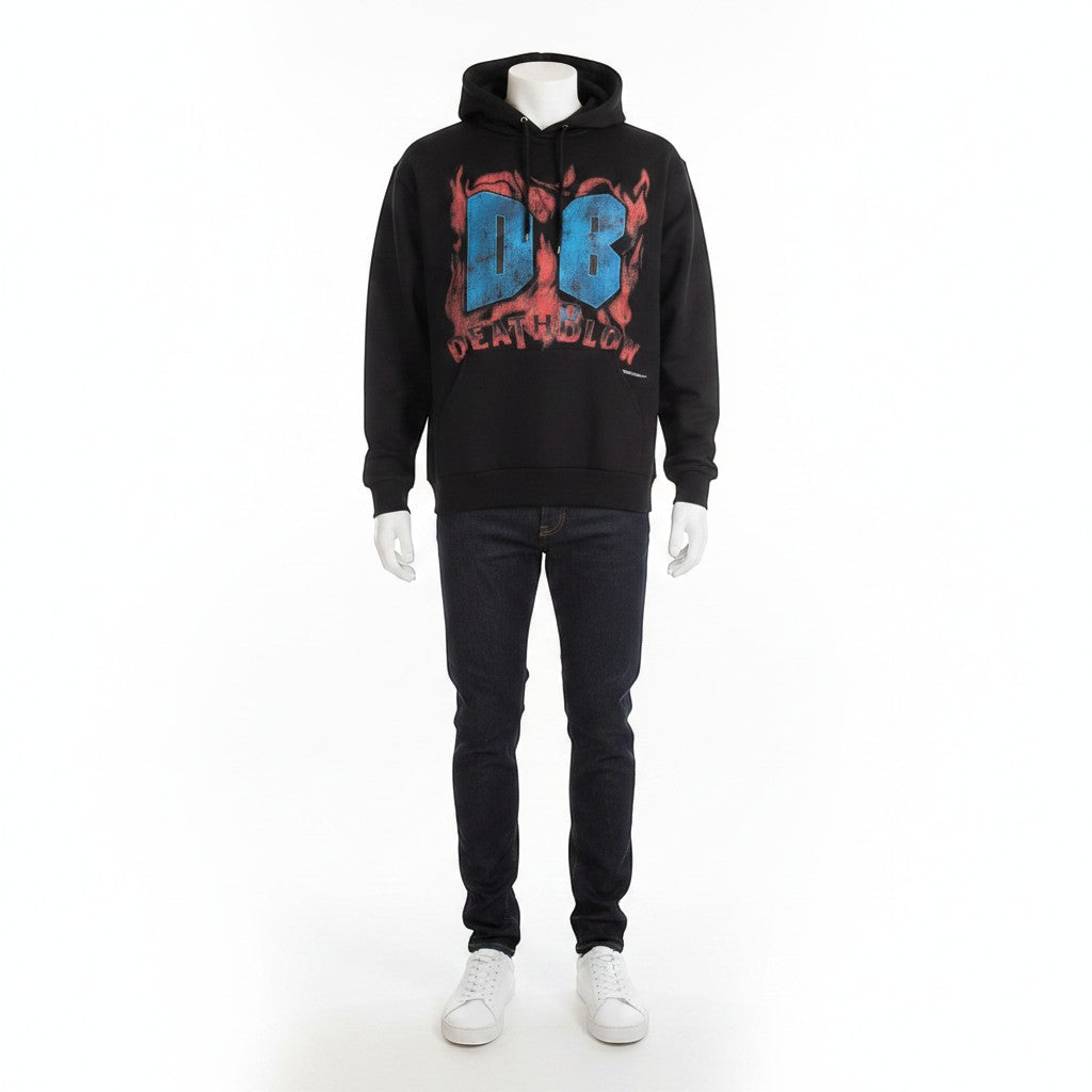 Verified Vault black cotton hoodie with blue and red 'DB' graphic and flames, adjustable hood, kangaroo pocket.