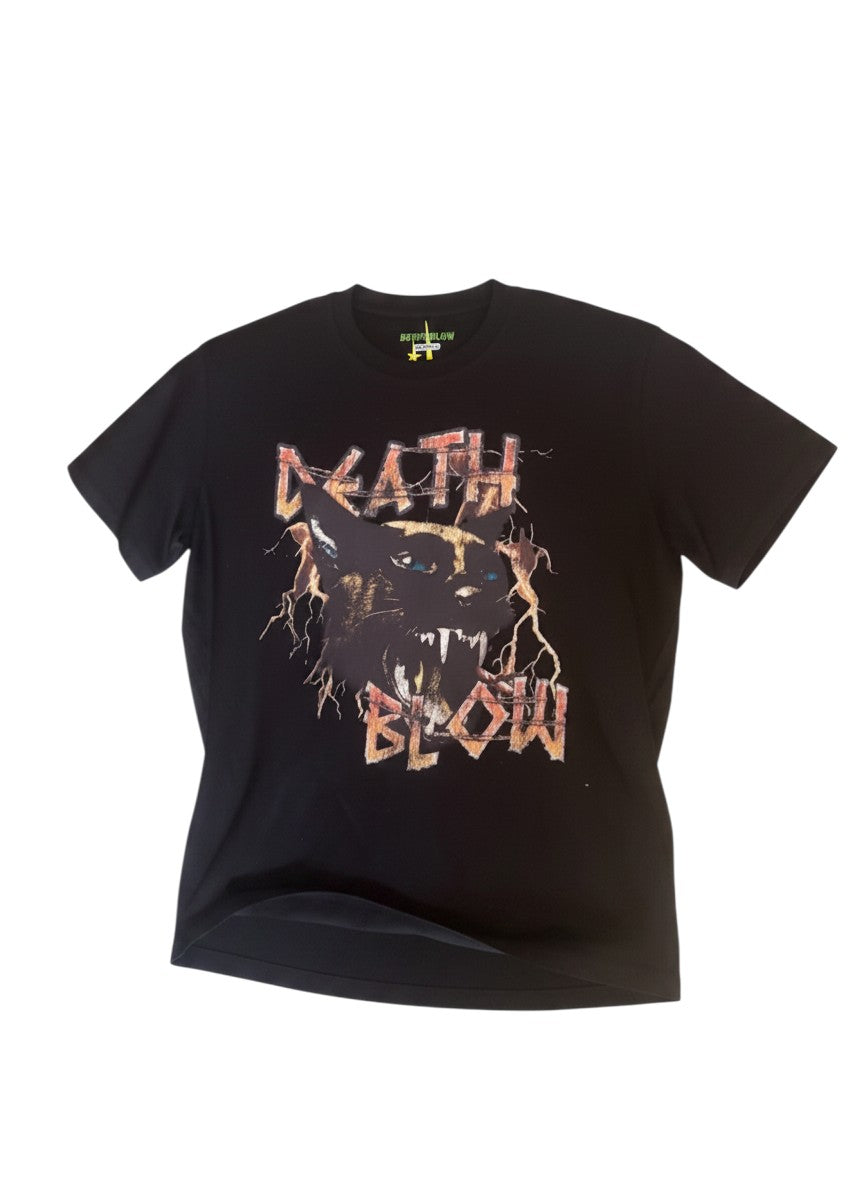 Verified Vault black cotton t-shirt with a fierce lightning panther graphic and distressed "DEATH BLOW" text.