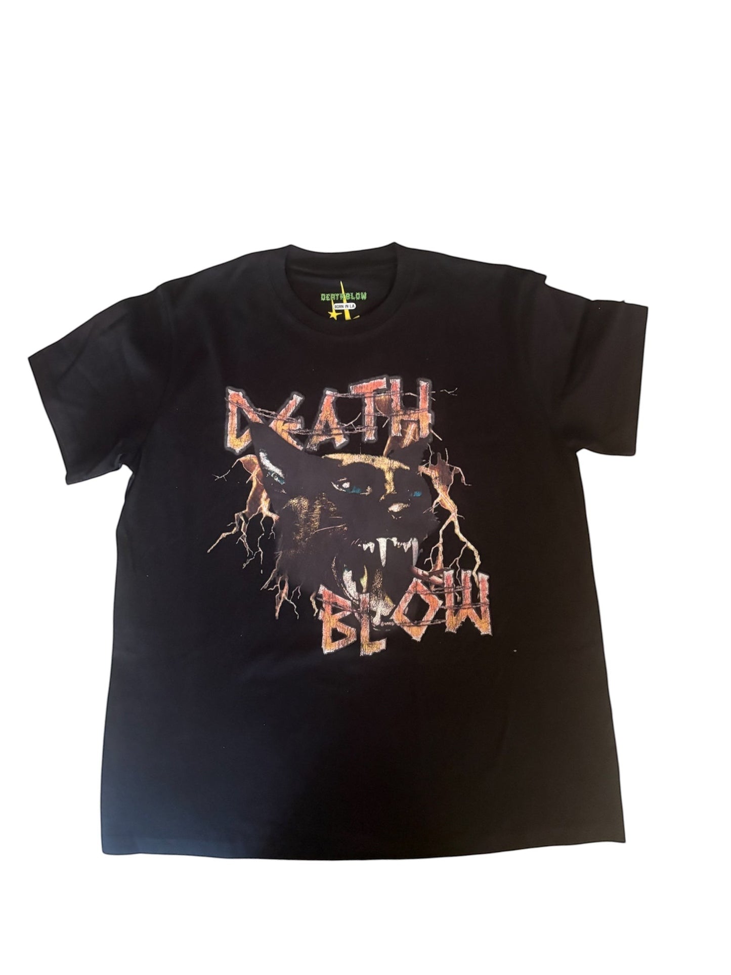 Verified Vault black cotton t-shirt with a fierce lightning panther graphic and distressed "DEATH BLOW" text.