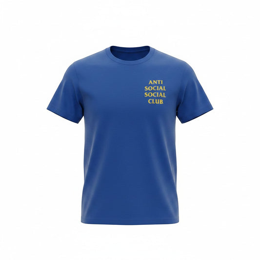 Verified Vault blue cotton crew neck t-shirt with yellow Anti Social Social Club graphic on chest.