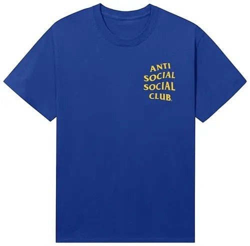 Verified Vault blue cotton crew neck t-shirt with yellow Anti Social Social Club graphic on chest.
