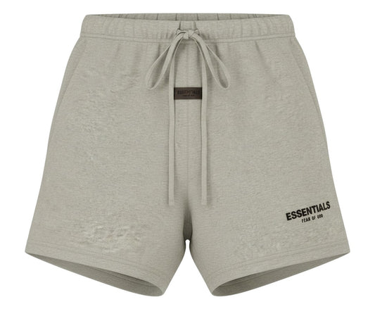 Verified Vault Dark Oatmeal heathered fleece sweatshorts with rubberized logo patch and drawstring.