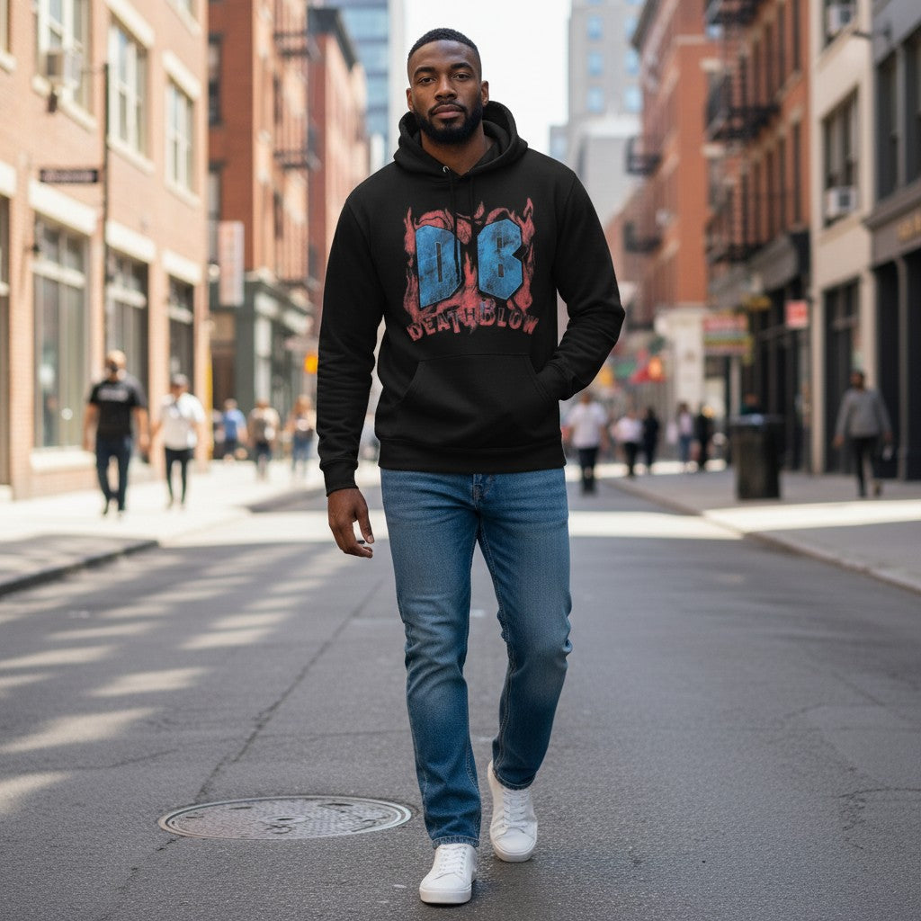 Verified Vault black cotton hoodie with a distressed blue DB graphic surrounded by red flames and the DeathBlow Clothing logo.
