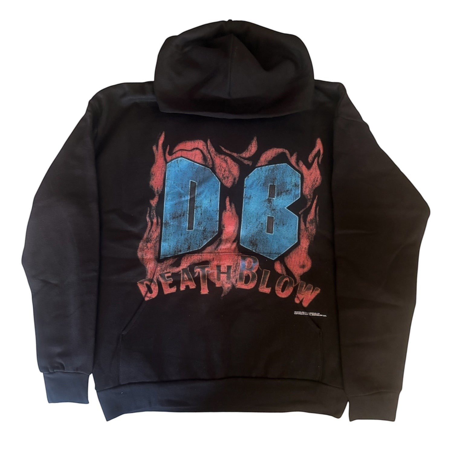 Verified Vault black cotton hoodie with a distressed blue DB graphic surrounded by red flames and the DeathBlow logo.