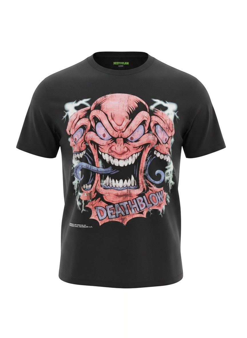 Verified Vault black cotton t-shirt with a graphic of a multi-headed monster with sharp teeth and a long tongue, and the word DEATHBLOW.