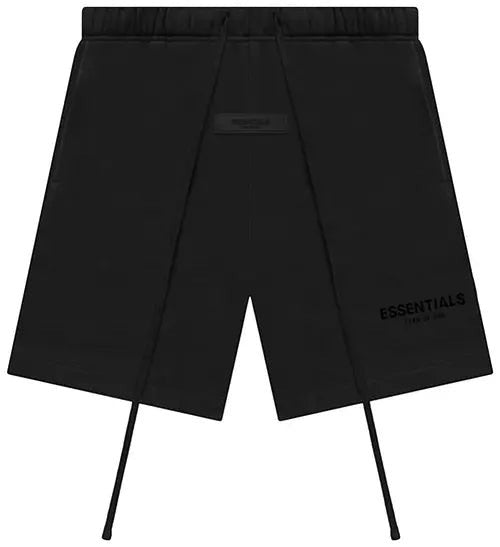 Verified Vault Fear of God Essentials sweatshort in matte black stretch limo color. Features a rubberized patch and elongated drawstring.
