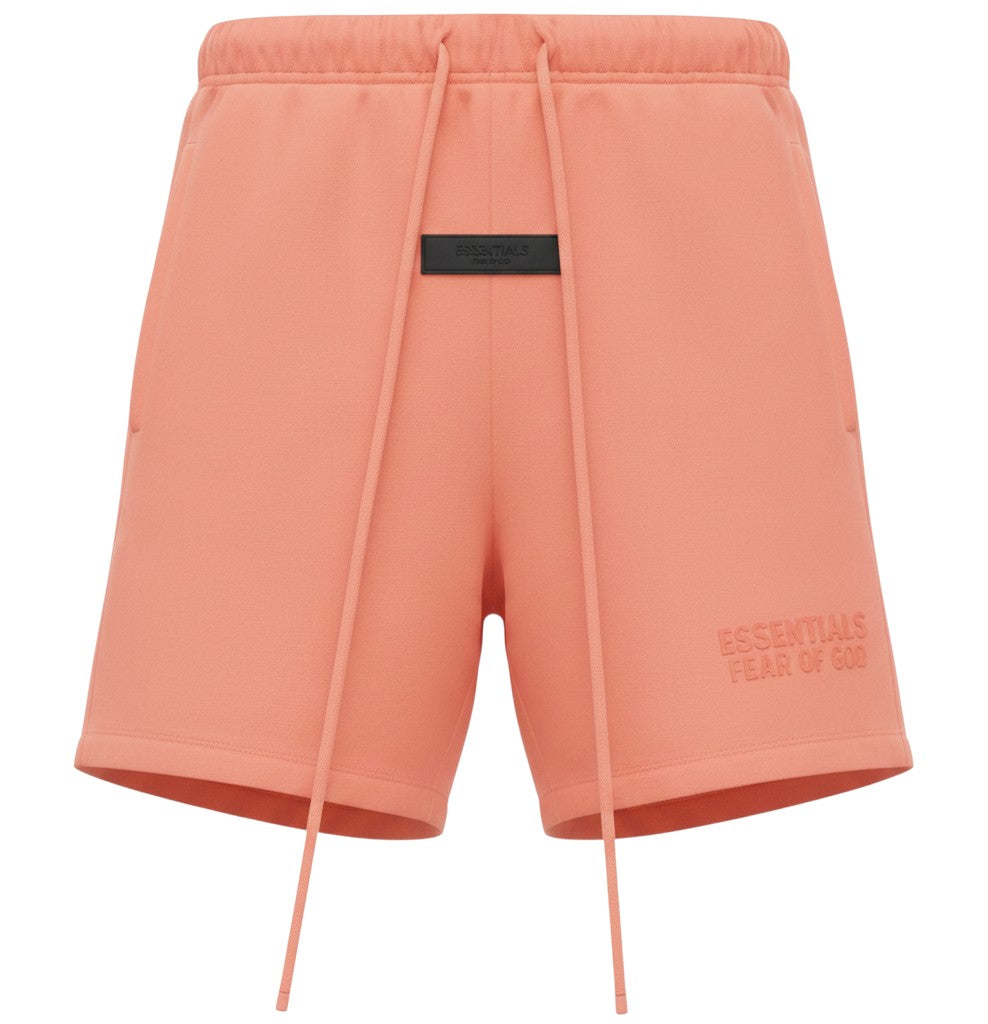 Verified Vault Fear of God Essentials coral fleece shorts with elastic waistband, drawcord, and rubberized logo patch.