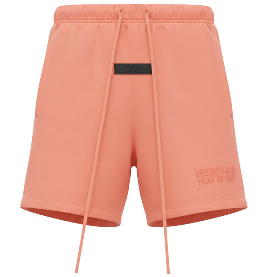 Verified Vault Fear of God Essentials coral fleece shorts with elastic waistband, drawcord, and rubberized logo patch.