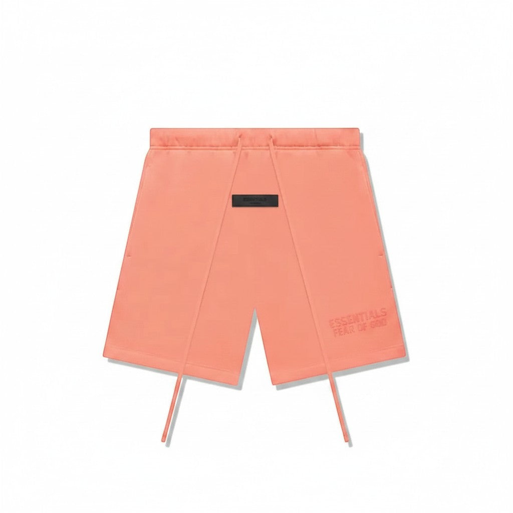Verified Vault Fear of God Essentials coral fleece shorts with elastic waistband, drawcord, and rubberized logo patch.