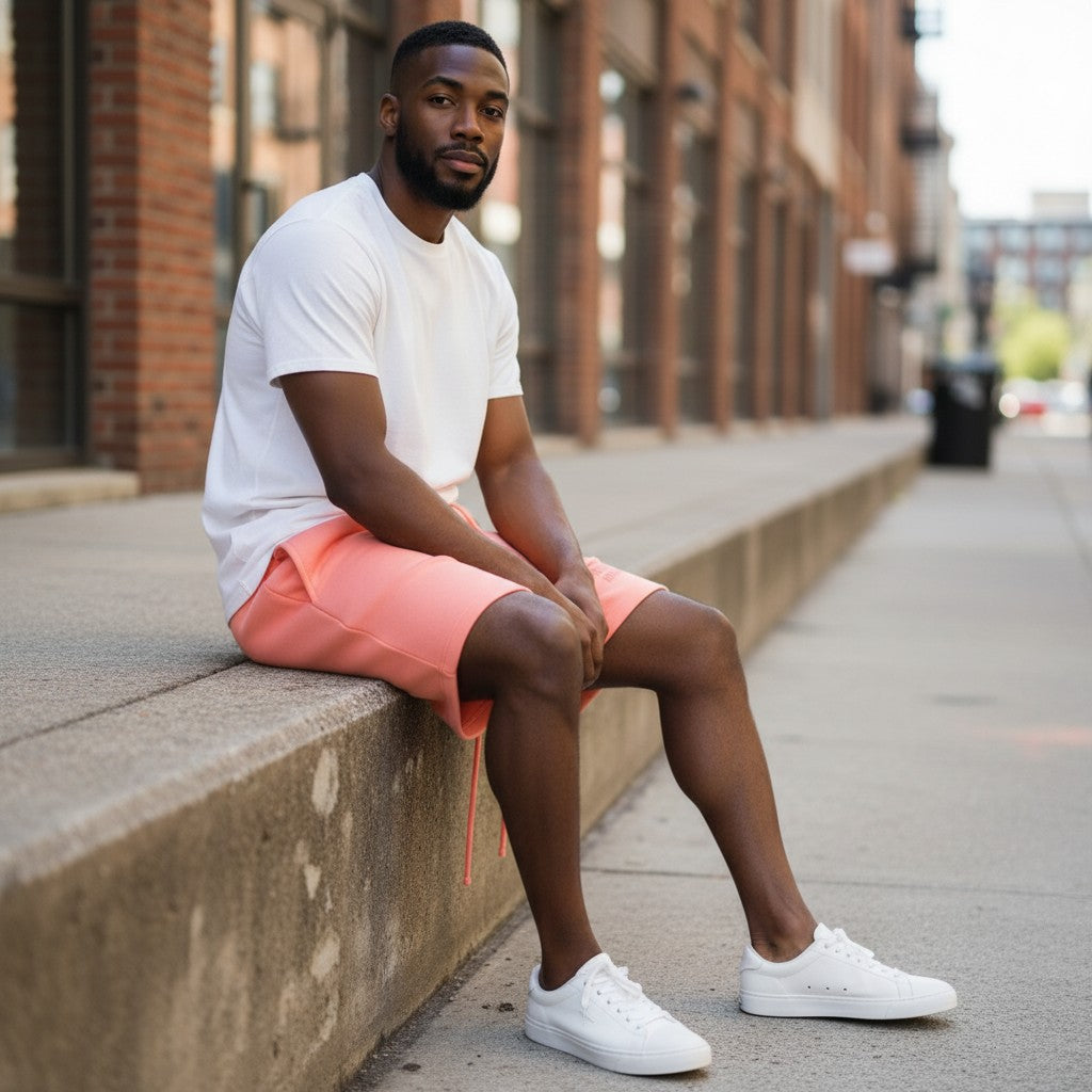 Verified Vault Fear of God Essentials coral fleece shorts with elastic waistband, drawcords, and rubberized logo branding.