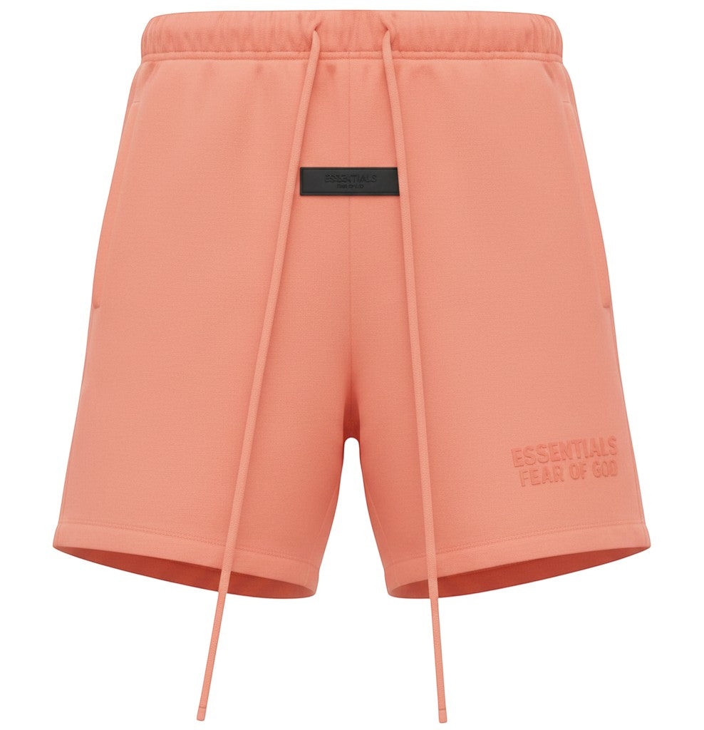 Verified Vault Fear of God Essentials coral fleece shorts with elastic waistband, drawcord, and rubberized logo patch.
