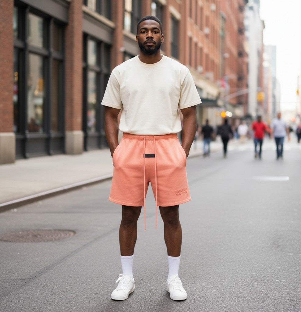 Verified Vault Fear of God Essentials coral fleece shorts with elastic waistband, drawcord, and rubberized logo patch.