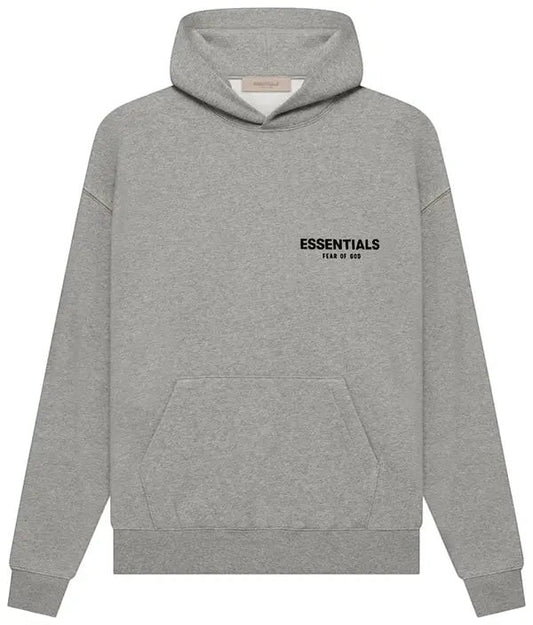 Verified Vault Fear of God Essentials dark oatmeal heathered fleece hoodie with tonal branding and kangaroo pocket.