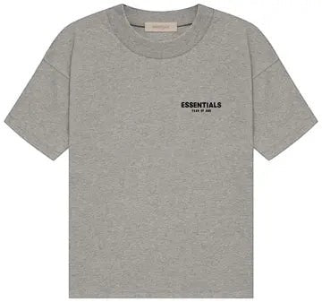 Verified Vault Fear of God Essentials tee in dark oatmeal heathered cotton with oversized fit and rubberized branding.