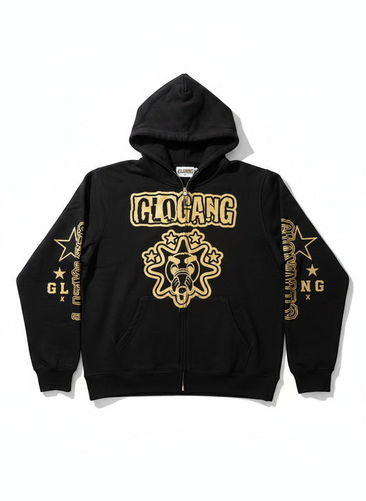 Verified Vault Glo Gang Glory Boyz 2025 black zip-up hoodie with gold graphic print on chest and sleeves, 100% cotton.