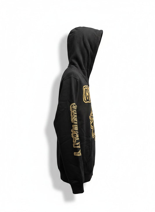Verified Vault Glo Gang Glory Boyz 2025 Hoodie in black with tan lettering and graphics on the sleeves and chest. 100% cotton.