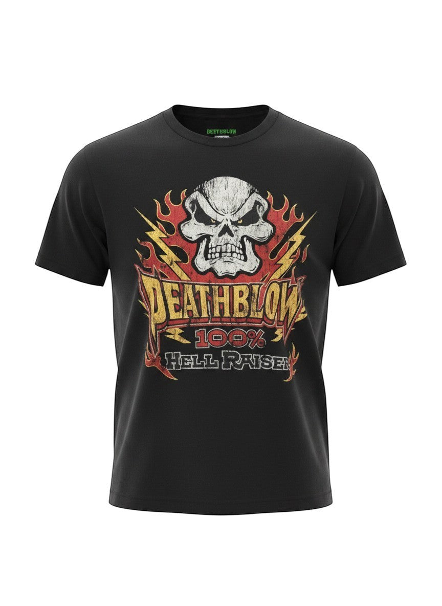 Verified Vault black cotton t-shirt with distressed skull graphic and "DeathBlow 100% Hell Raiser" text.