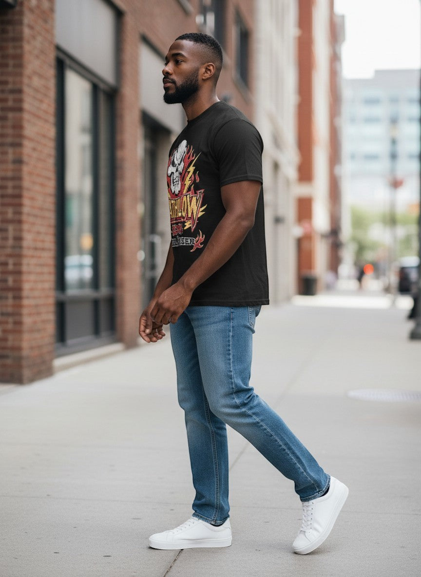 Verified Vault black cotton t-shirt with a distressed skull graphic, flames, and "DeathBlow 100% Hell Raiser" text.