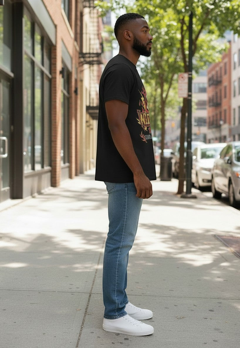 Verified Vault black cotton Hell Raiser graphic tee with crew neck and short sleeves, worn by a man.