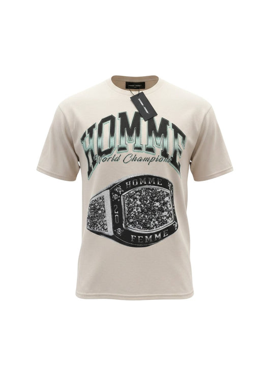 Verified Vault Homme + Femme LA tan cotton t-shirt with "HOMME World Champions" graphic and championship ring.