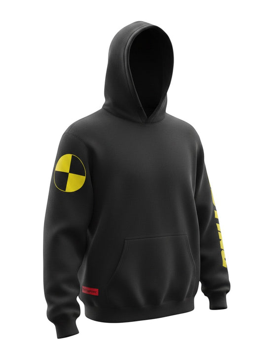 Verified Vault black cotton hoodie with yellow "TESTING" graphic on sleeve and crash test dummy logo on left shoulder.