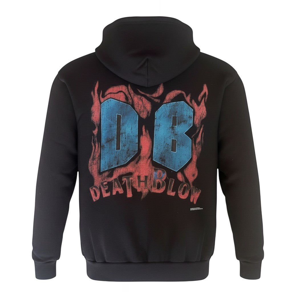 Verified Vault black heavyweight cotton hoodie with blue DB graphic and red flames, adjustable hood, kangaroo pocket.
