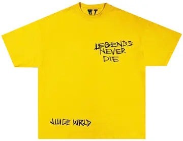 Verified Vault Juice WRLD x Vlone Inferno yellow cotton blend tee with "Legends Never Die" graphic and flaming skull.