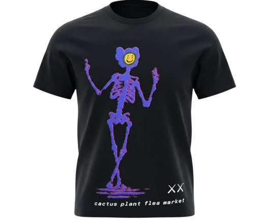 Verified Vault black cotton tee with KAWS x Cactus Plant Flea Market purple skeleton graphic and yellow smiley face.