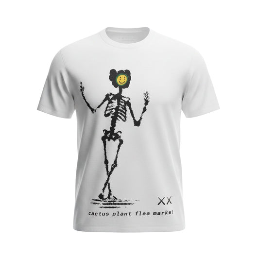 Verified Vault white cotton t-shirt with KAWS skeleton graphic and yellow smiley face, crew neck, short sleeves.