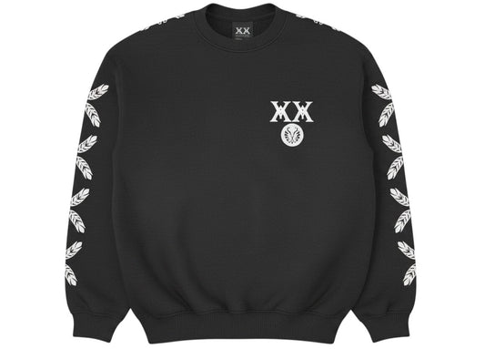 Verified Vault KAWS x Kid Cudi Moon Man crewneck sweatshirt in vintage black with graphic print on back and sleeves.