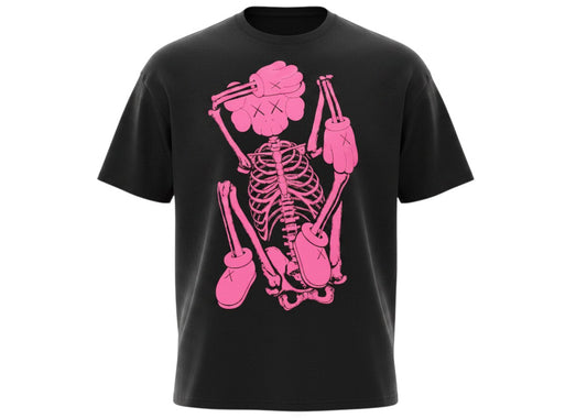 Verified Vault black cotton t-shirt with a bright pink KAWS skeleton graphic print. Crew neck, short sleeves.