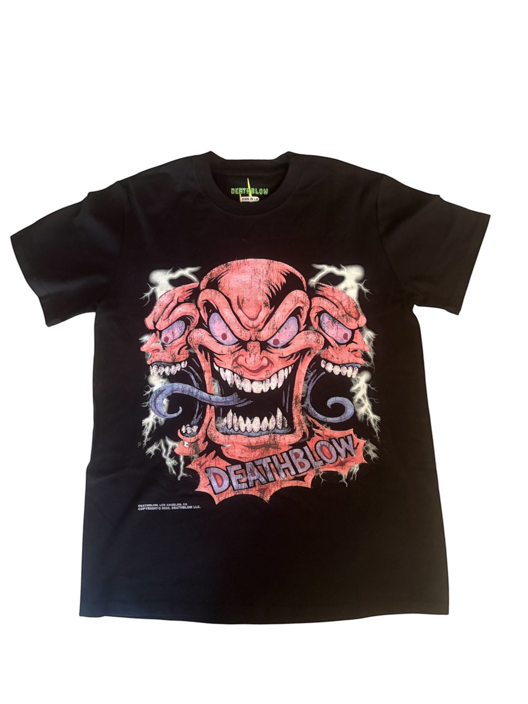 Verified Vault black cotton t-shirt with a bold, multi-headed monster graphic in red and purple with lightning accents.