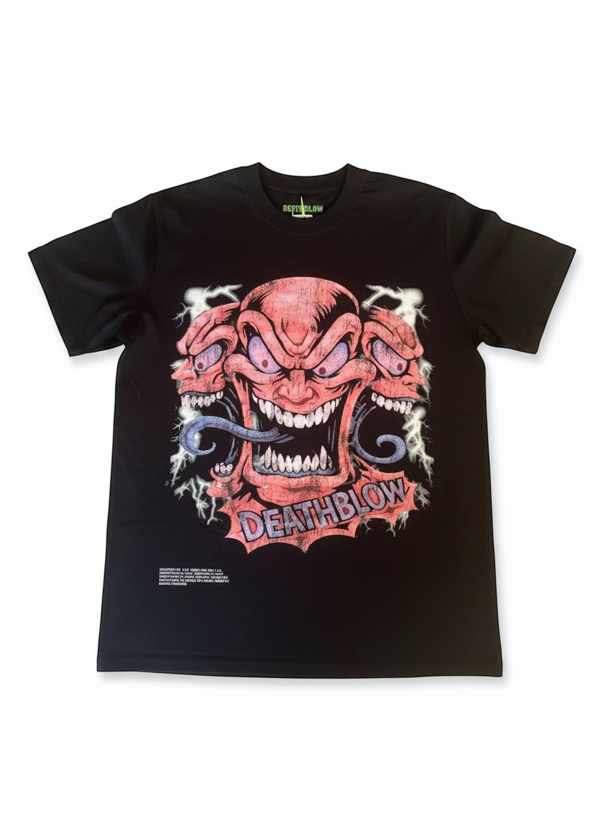 Verified Vault black cotton t-shirt with a bold, multi-headed monster graphic and "DEATHBLOW" text.