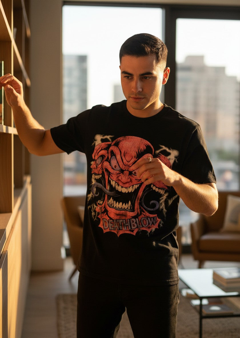 Verified Vault black cotton t-shirt with a bold, multi-headed monster graphic and "DEATHBLOW" text.