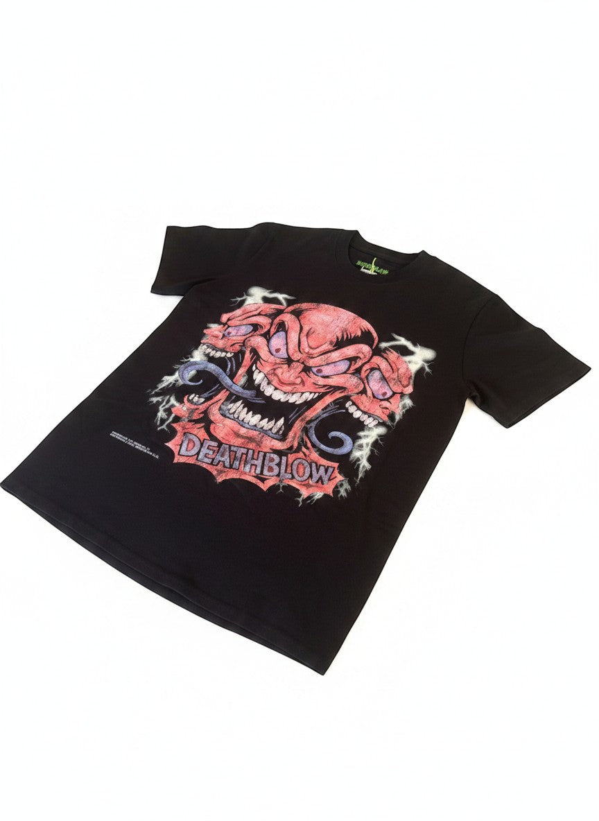 Verified Vault black cotton t-shirt with a bold red and pink monster graphic and "DEATHBLOW" text.