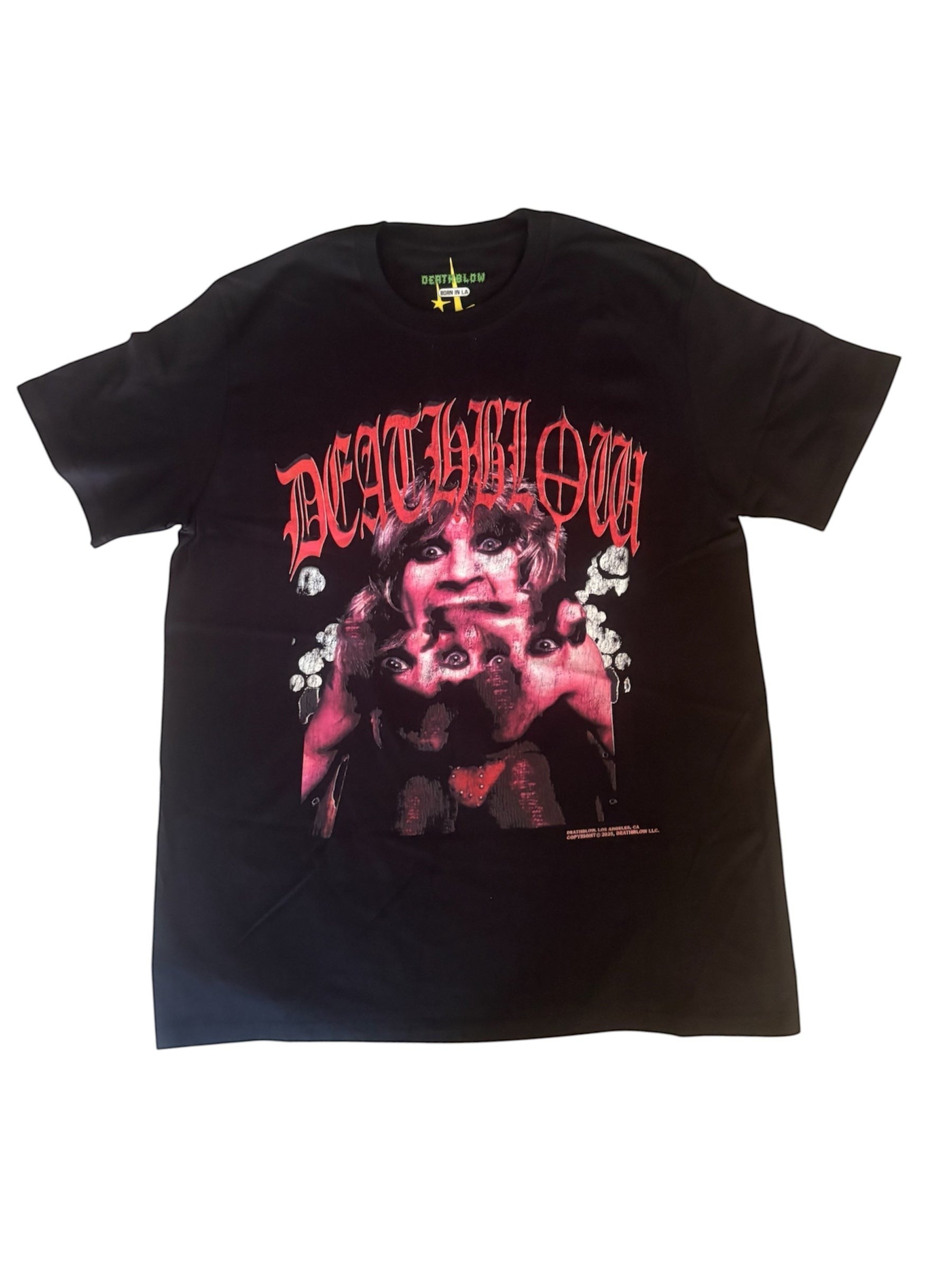 Verified Vault black cotton t-shirt with a pink graphic print of Rob Zombie and "DEATHBLOW" text.