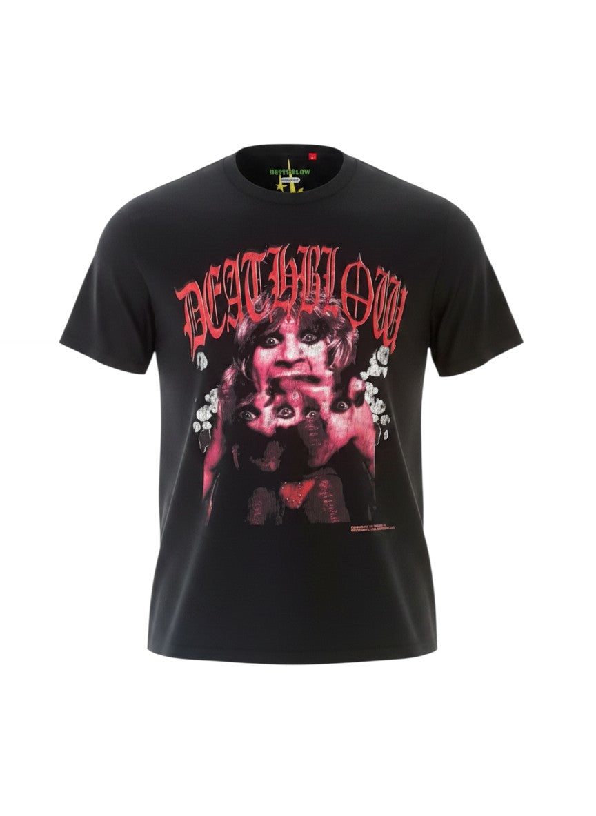 Verified Vault black cotton t-shirt with a pink graphic print of Rob Zombie and "DEATHBLOW" text. Crew neck, short sleeves.