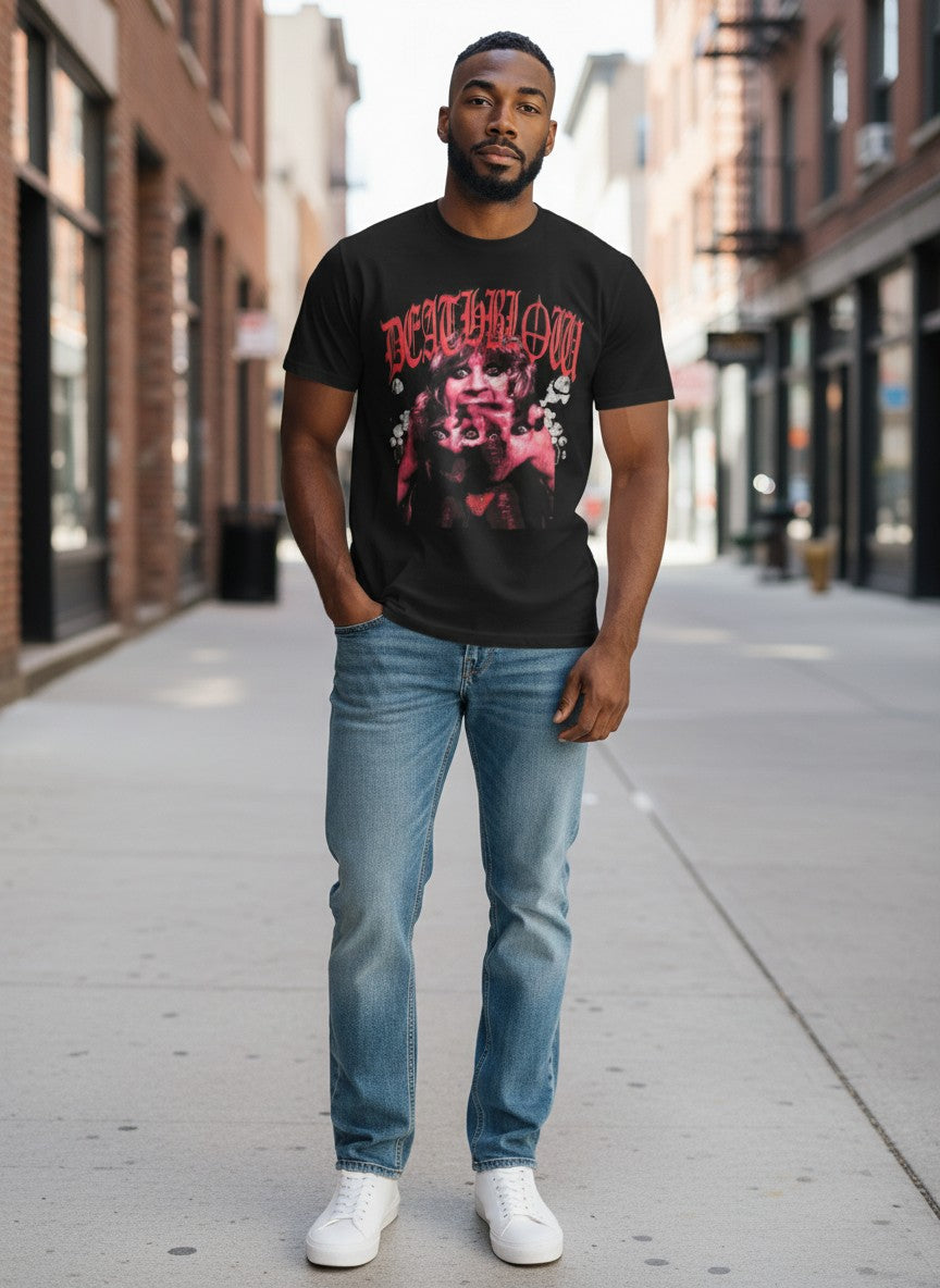 Verified Vault black cotton t-shirt with a pink graphic print of Rob Zombie and "DEATHBLOW" text. Relaxed fit, crew neck, short sleeves.