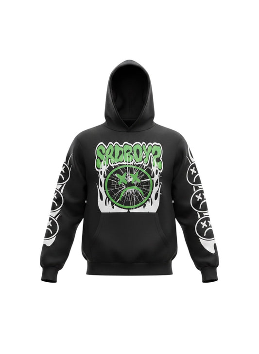 Verified Vault black heavyweight cotton hoodie with green SadBoy logo and flame graphics. Features distressed smiley faces.