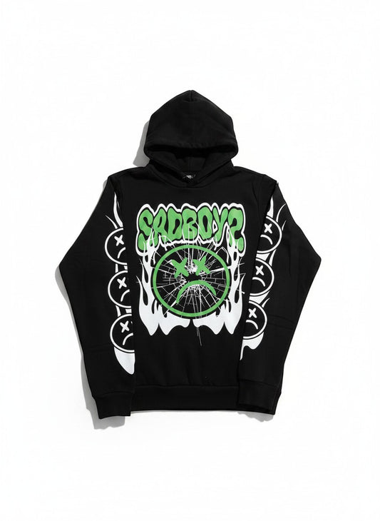 Verified Vault black heavyweight cotton hoodie with green SadBoy graphic and distressed smiley face.